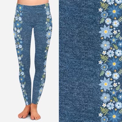8248 Denim Look Wildflowers POD DESIGNER LEGGINGS JV-A4C