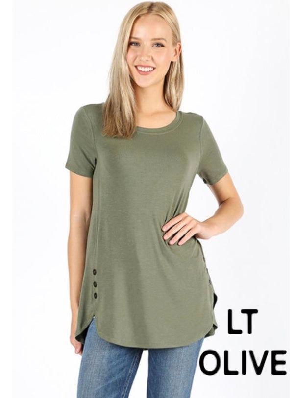 4831 1/4S Dolphin Hem w/ Side Buttons TOP in LT OLIVE