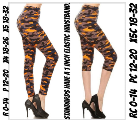 907 Orange Camo LEGGINGS or CAPRI