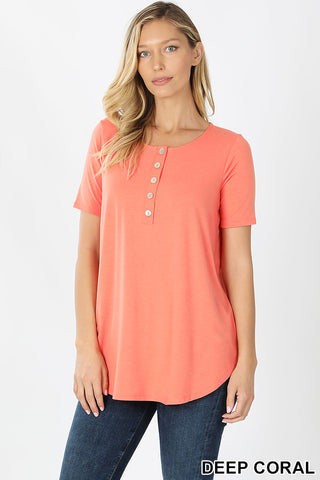 4273 1/4S Henley Shell Button TOP in DEEP CORAL JV-B2B