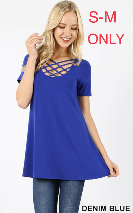 346 1/4S Triple Lattice TOP in DENIM BLUE