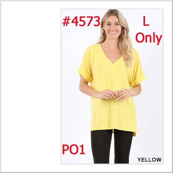 4573 1/4S Rolled V Neck HiLo Side Slit TOP in YELLOW