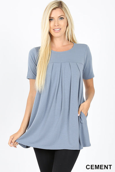 4246 1/4S R Neck Pleated TOP w PKTS in CEMENT JV-KO