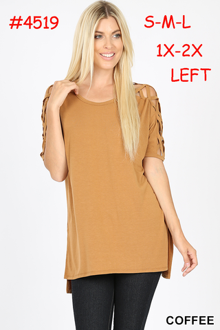 4519 1/4S Criss Cross Shoulder HiLo Hem TOP in COFFEE