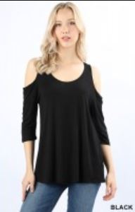 510 3/4 Sleeve Loose Fit Cold Shoulder TOP in BLACK