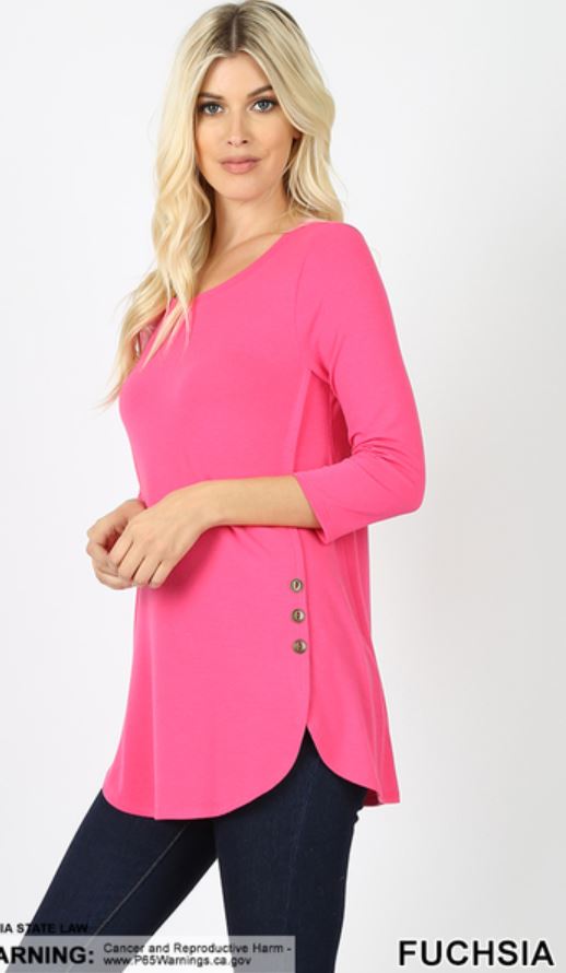5332 3/4S Dolphin Hem w/ Side Button TOP in FUCHSIA