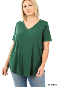 11001 1/4S V Neck Round Hem TOP in DK GREEN