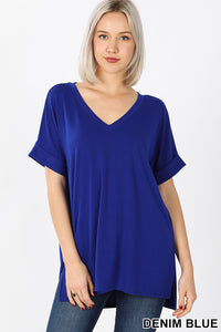 11009 1/4S Rolled V Neck HiLo Side Slit TOP in DENIM BLUE