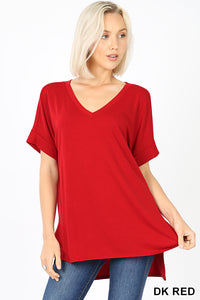 11010 1/4S Rolled V Neck HiLo Side Slit TOP in DK RED