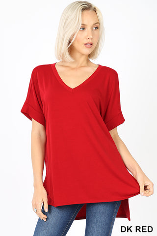 11010 1/4S Rolled V Neck HiLo Side Slit TOP in DK RED