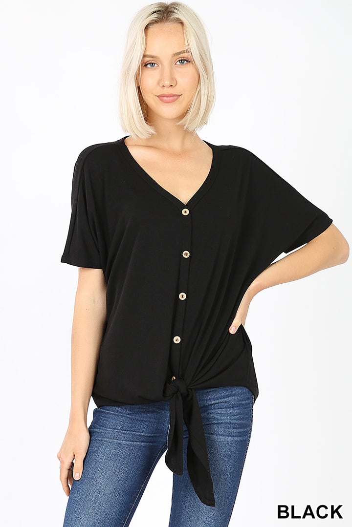 11046 1/4S Tie Front Button TOP in BLACK JV-KO