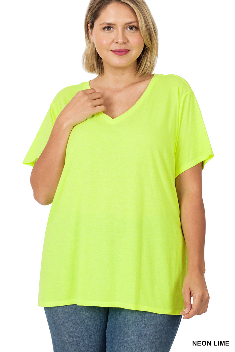 11094 1/4S V Neck Boyfriend TEE in NEON LIME