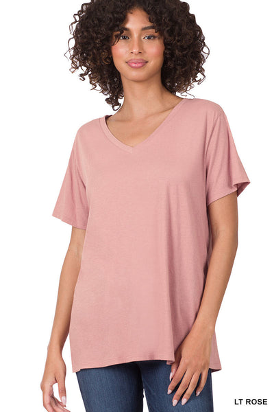 11106 1/4S V Neck Boyfriend Tee in LT ROSE JV-N108B