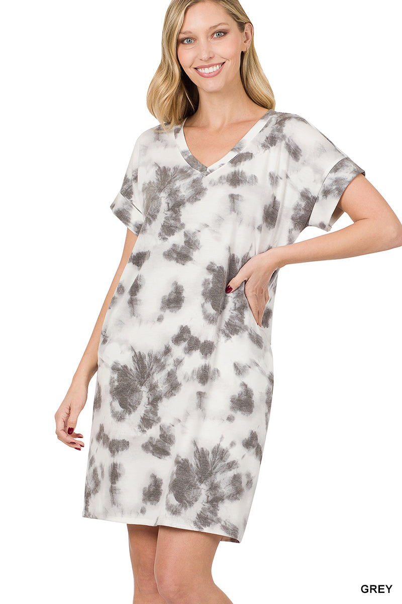 11108 1/4S French Terry V Neck Tie Dye DRESS w PKTS in GREY
