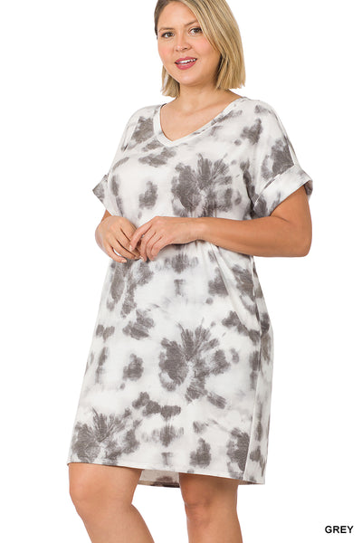 11108 1/4S French Terry V Neck Tie Dye DRESS w PKTS in GREY