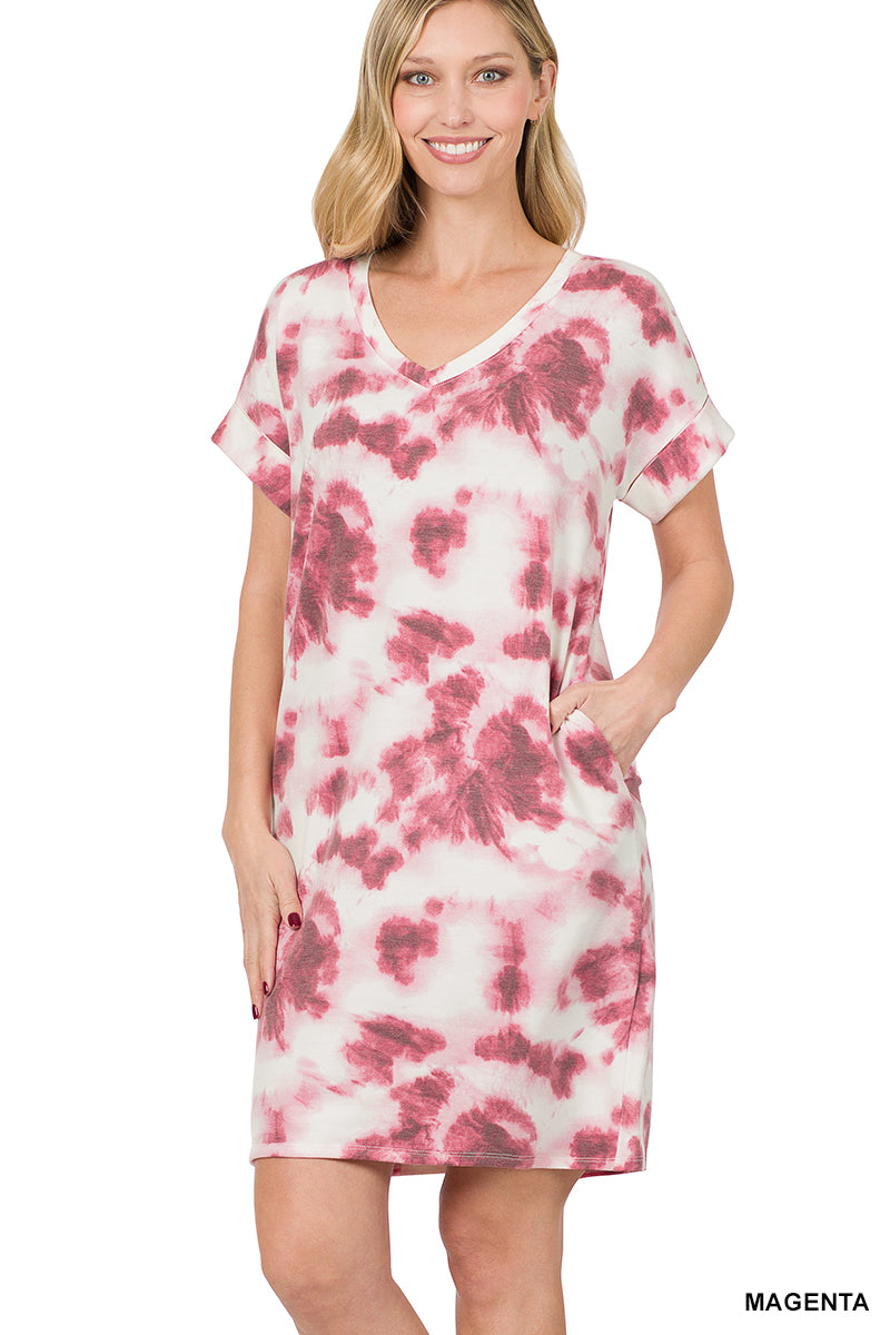 11109 1/4S French Terry V Neck Tie Dye DRESS w PKTS in MAGENTA