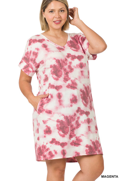 11109 1/4S French Terry V Neck Tie Dye DRESS w PKTS in MAGENTA