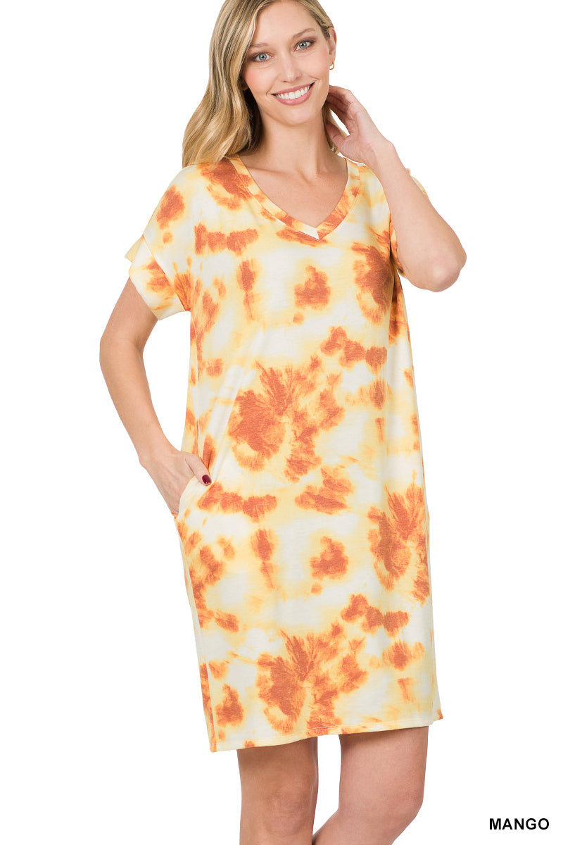 11110 1/4S French Terry V Neck Tie Dye DRESS w PKTS in MANGO