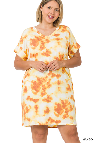 11110 1/4S French Terry V Neck Tie Dye DRESS w PKTS in MANGO
