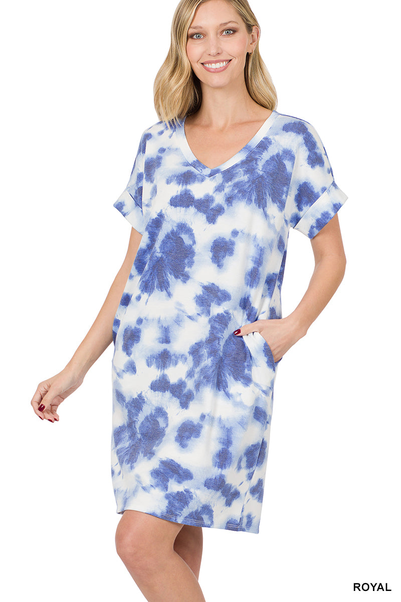 11111 1/4S French Terry V Neck Tie Dye DRESS w PKTS in ROYAL