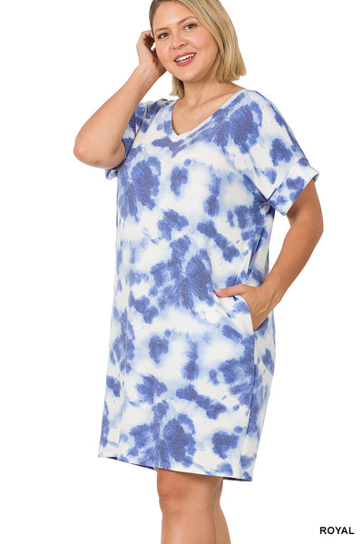 11111 1/4S French Terry V Neck Tie Dye DRESS w PKTS in ROYAL