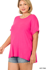 11121 1/4S Modal Boat Neck TOP in HOT PINK