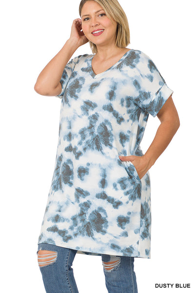 11129 1/4S French Terry V Neck Tie Dye DRESS w PKTS in DUSTY BLUE JV-G14C