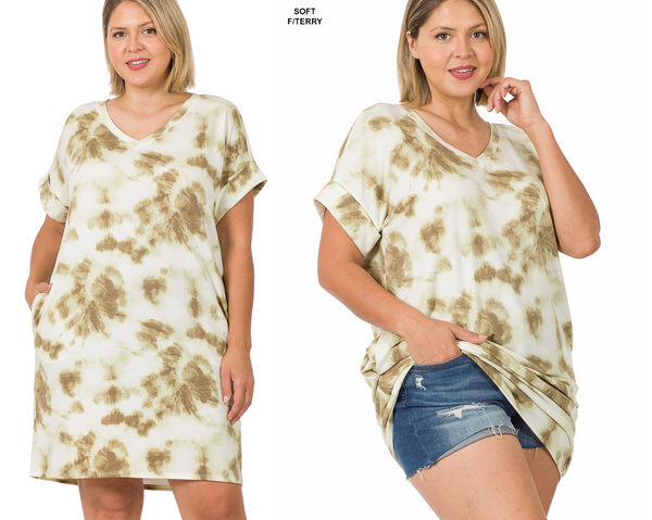 11130 1/4S French Terry V Neck Tie Dye DRESS w PKTS in OLIVE JV-HA64C G