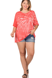 11146 1/4S RN Drop Shoulder Tie Dye TOP in DEEP CORAL