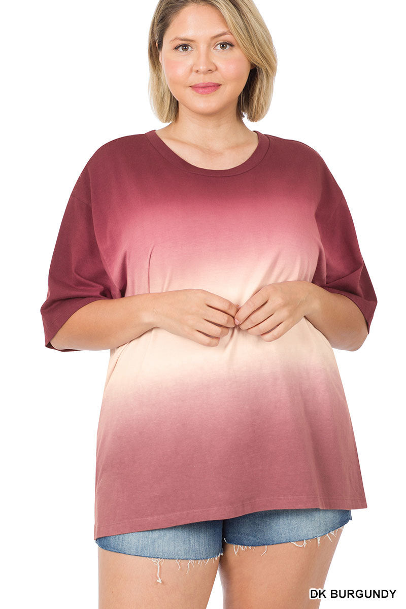 11153 1/4S Tie Dye Dip PREM TOP in DK BURGUNDY