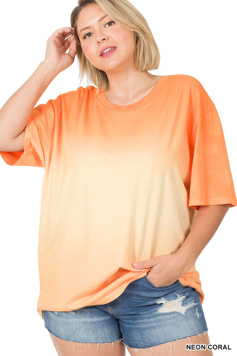 11156 1/4S Tie Dye Dip PREM TOP in NEON CORAL