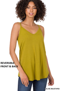 11163 0/0S V & Scoop Neck Reversible CAMI in OLIVE MUSTARD