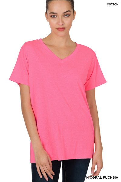 11171 1/4S V Neck Boyfriend Tee in N CORAL FUCHSIA