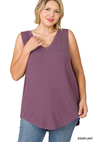 11185 0/0S V Neck HiLo Hem TOP in EGGPLANT