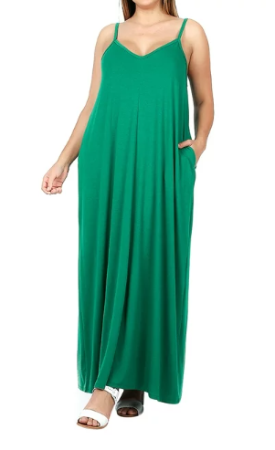 1522 0/0S VNeck ADJ Maxi DRESS w PKTS in FOREST GREEN JV-I17T