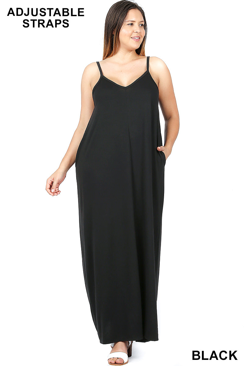 1525 0/0S VNeck ADJ Maxi DRESS w PKTS in BLACK JV-T33T2