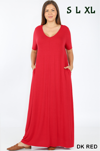 1527 1/4S VNeck Maxi DRESS w PKTS in DK RED JV-A28B