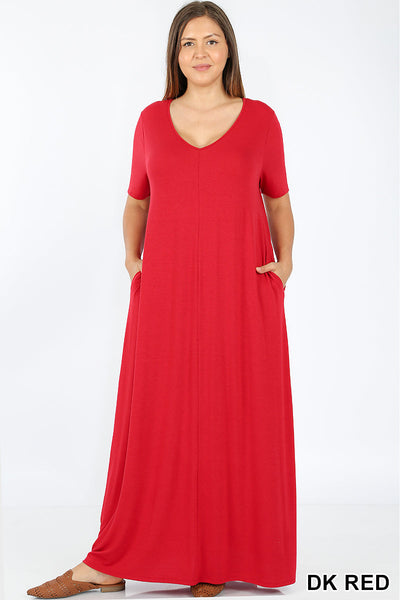 1527 1/4S VNeck Maxi DRESS w PKTS in DK RED JV-A28B