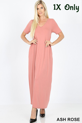 1529 1/4S VNeck Maxi DRESS w PKTS in ASH ROSE JV-G37A