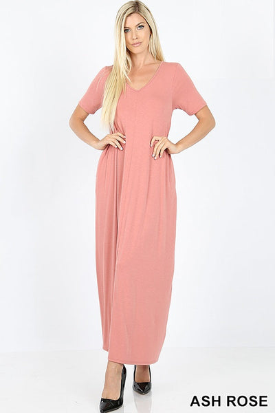 1529 1/4S VNeck Maxi DRESS w PKTS in ASH ROSE JV-G37A