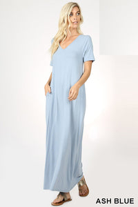 1531 1/4S VNeck Maxi DRESS w PKTS in ASH BLUE JV-KO