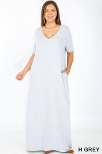 1532 1/4S VNeck Maxi DRESS w PKTS in H GREY JV-B17C