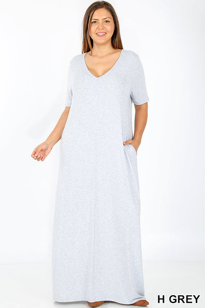 1532 1/4S VNeck Maxi DRESS w PKTS in H GREY JV-B17C