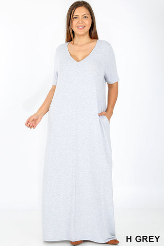 1532 1/4S VNeck Maxi DRESS w PKTS in H GREY JV-B17C