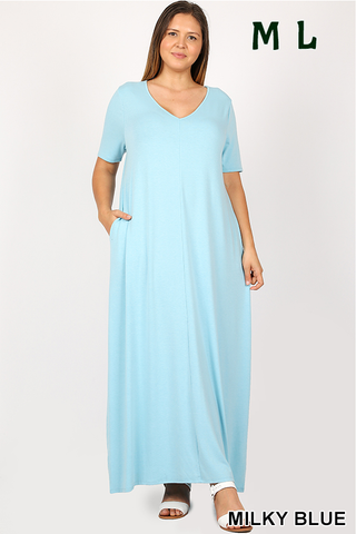 1533 1/4S VNeck Maxi DRESS w PKTS in MILKY BLUE JV-J37T