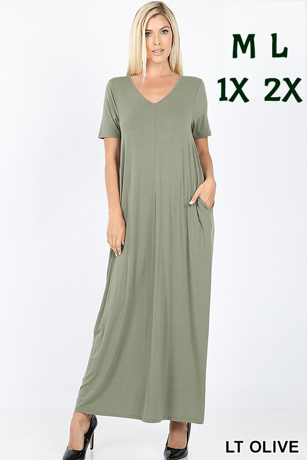1534 1/4S VNeck Maxi DRESS w PKTS in LT OLIVE JV-B7C