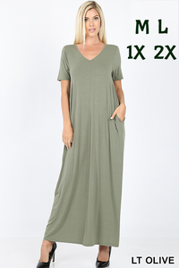 1534 1/4S VNeck Maxi DRESS w PKTS in LT OLIVE JV-B7C