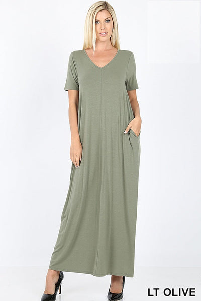 1534 1/4S VNeck Maxi DRESS w PKTS in LT OLIVE JV-B7C