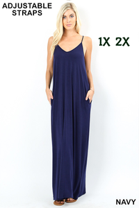 1535 0/0S VNeck ADJ Maxi DRESS w PKTS in NAVY JV-T33C