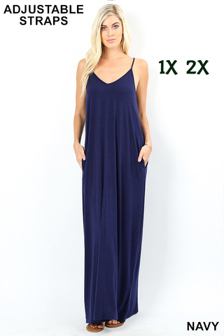 1535 0/0S VNeck ADJ Maxi DRESS w PKTS in NAVY JV-T33C